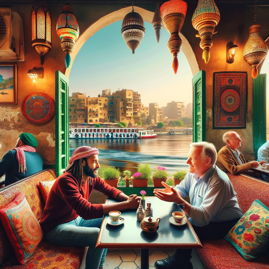 An illustration showing an Egytian and a tourist talking Egyptian Arabic in a cafe on the Nile