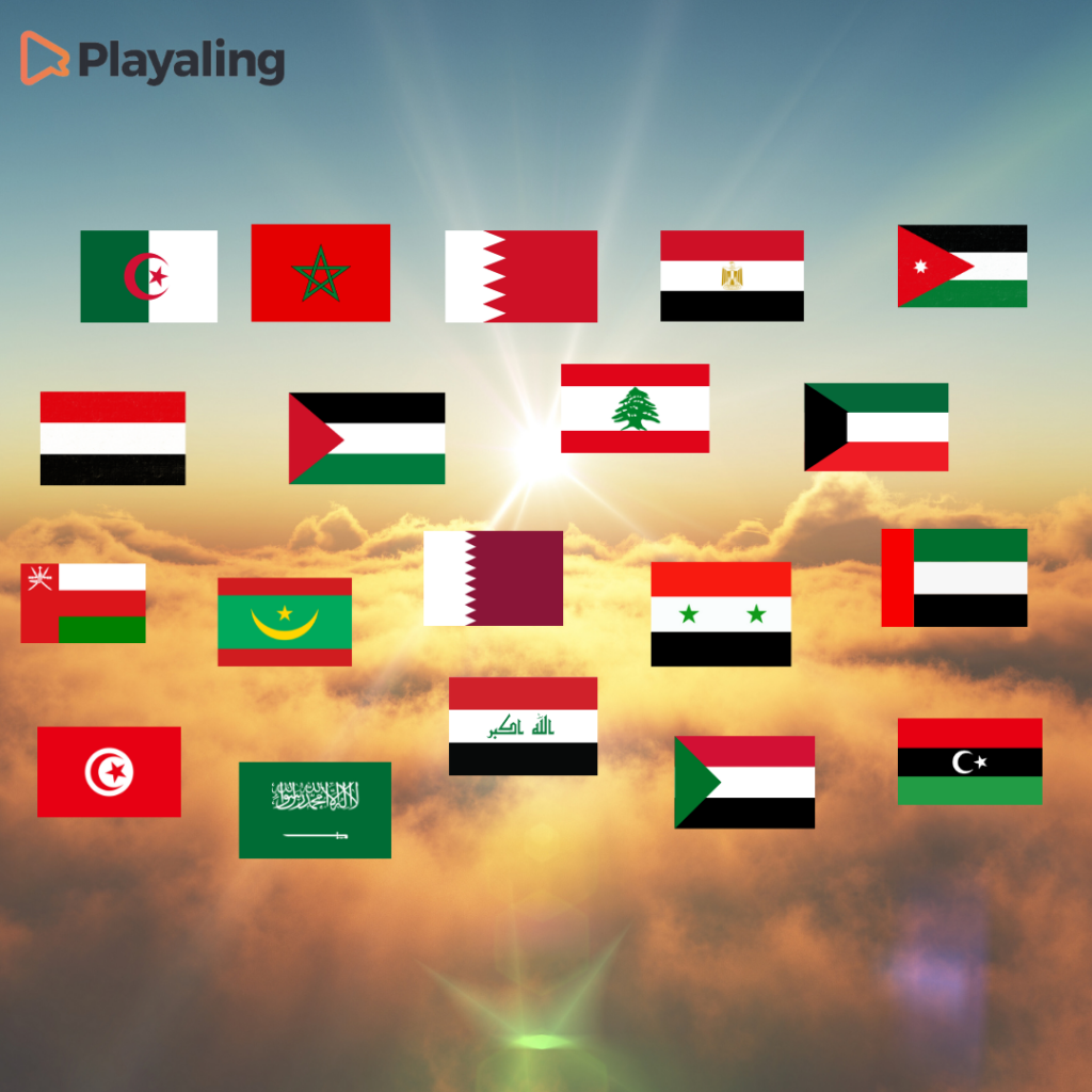 Flags of countries where different Arabic dialects are spoken with a sunrise background