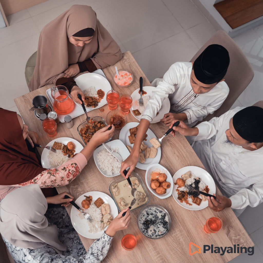A Muslim family having a feast during Eid Al-Adha