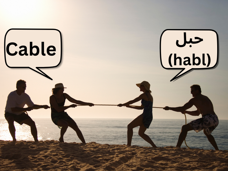 4 people playing the tug-of-war game saying cable in Spanish and habl in Arabic