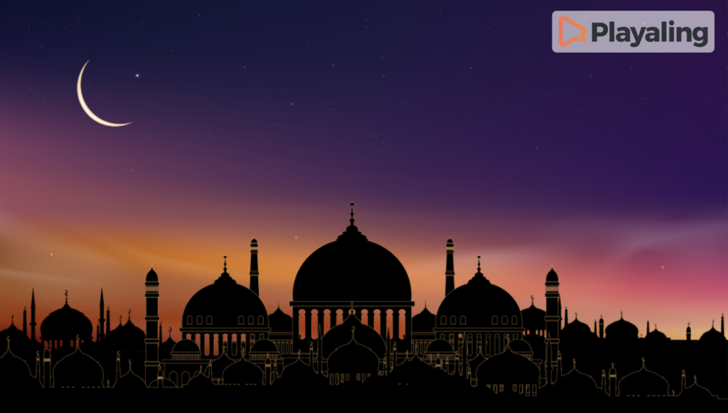 A photo of mosques with crescent moon in the sky 