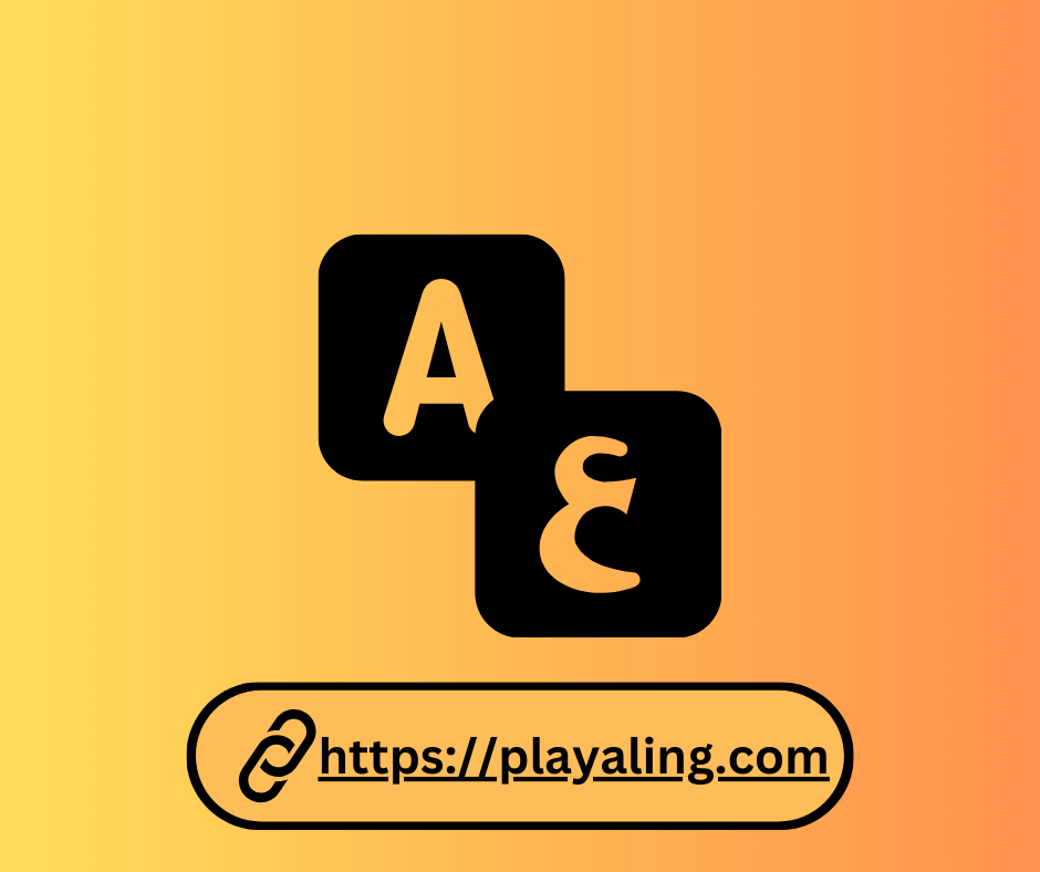 Arabic and English letters icon with URL "https://playaling.com" on an orange gradient background.