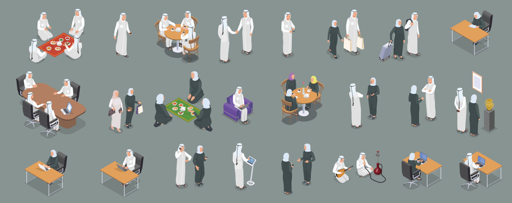 a drawing showing a bunch of different situations where people speak Arabic