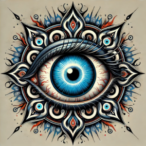 An intricate illustration of the Evil Eye symbol featuring a large, detailed blue eye with a sinister glare.
