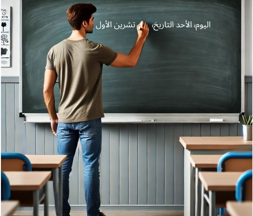 A teacher write the date in Arabic on the board