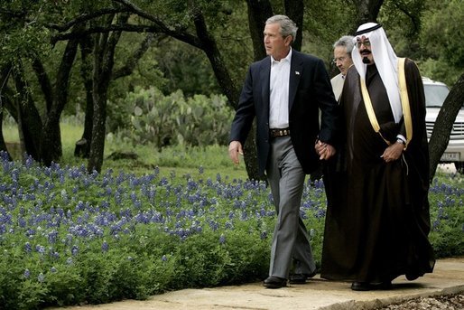 President George W. Bush of the United States and Crown Prince Abdullah of Saudi Arabia meeting at Bush's ranch in Crawford, Texas, April 25, 2005.