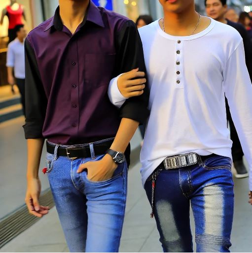 Two Arab guys walk arm in arm.






