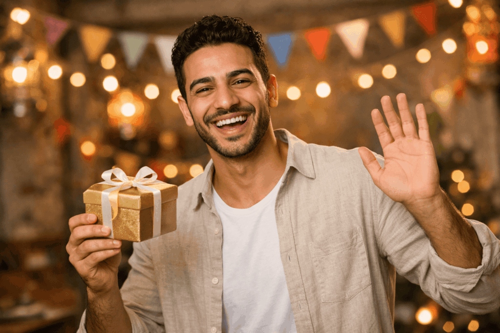An Egyptian person celebrating and greeting others on a special occasion